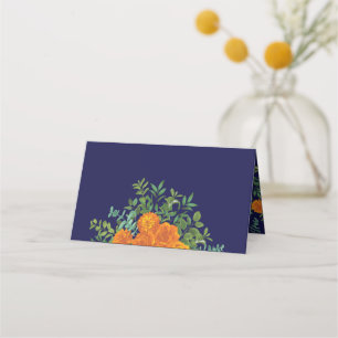 Orange & Navy Blue Peony & Rose Floral Wedding Place Card