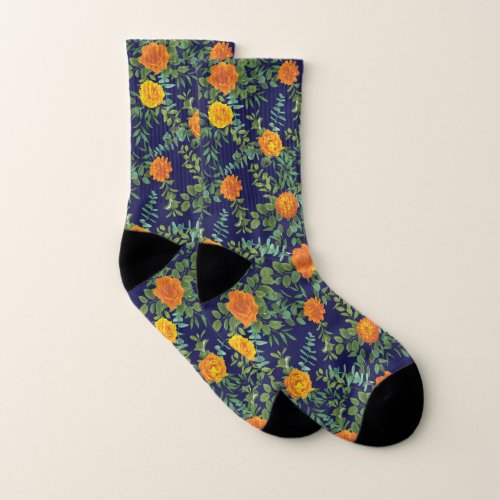 Orange  Navy Blue Peony  Rose Floral Wedding Socks