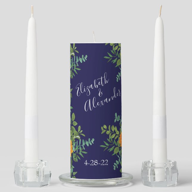 Orange & Navy Blue Peony & Rose Floral Wedding Unity Candle Set (Front)