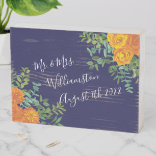 Orange & Navy Blue Peony & Rose Floral Wedding Wooden Box Sign