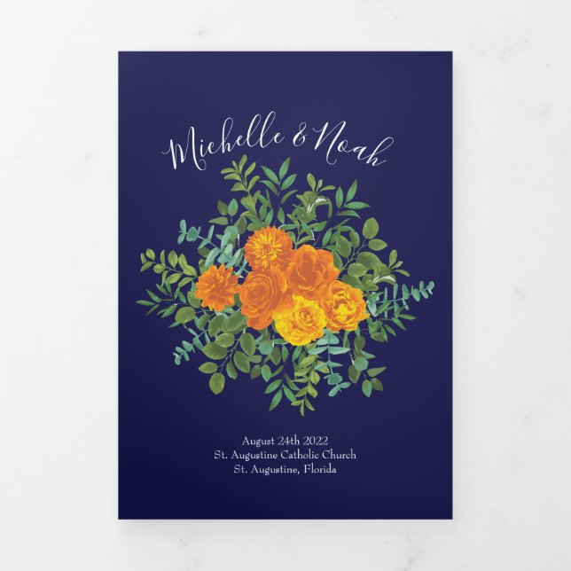 Orange & Navy Blue Peony Rose Wedding Programs (Cover)