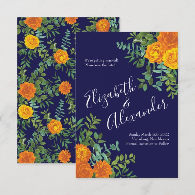 Orange Navy Blue Peony Rose Wedding Save Date Invitation (Front/Back)