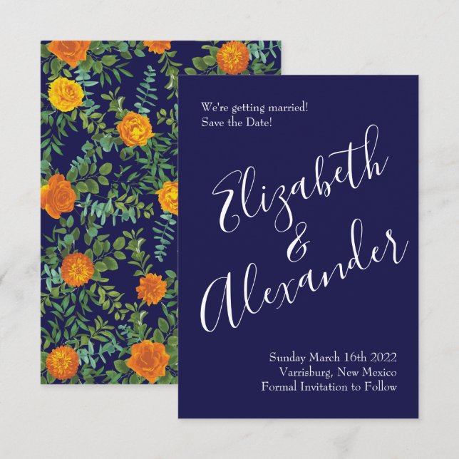 Orange & Navy Blue Peony Rose Wedding Save Date Invitation (Front/Back)
