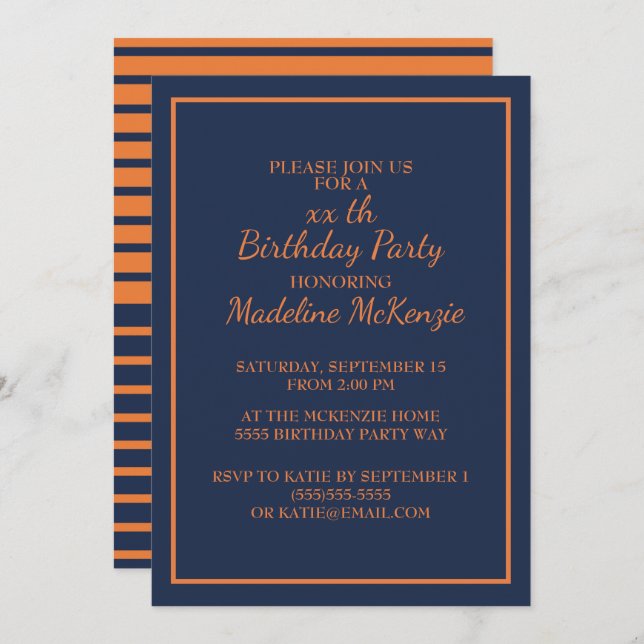 Orange Navy Blue Striped Birthday Party Invite (Front/Back)