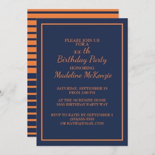 Orange Navy Blue Striped Birthday Party Invite