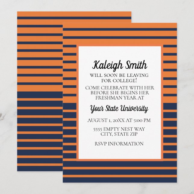 Orange Navy Blue Striped College Trunk Party Invitation (Front/Back)