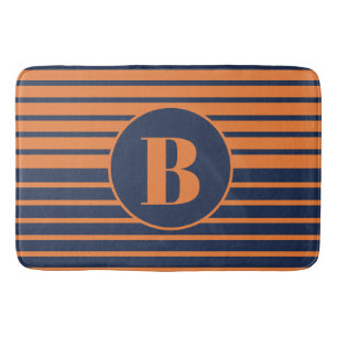 Orange Navy Blue Striped Monogram Bath Mat