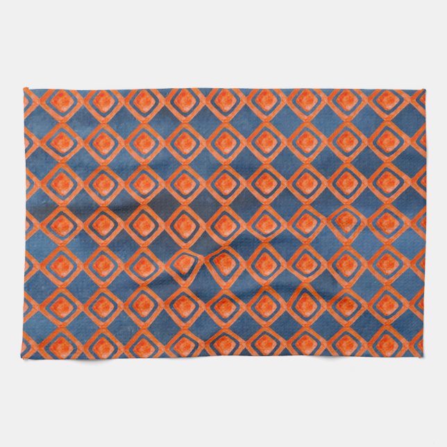 Orange Navy Blue Watercolor Pattern Kitchen Towel (Horizontal)