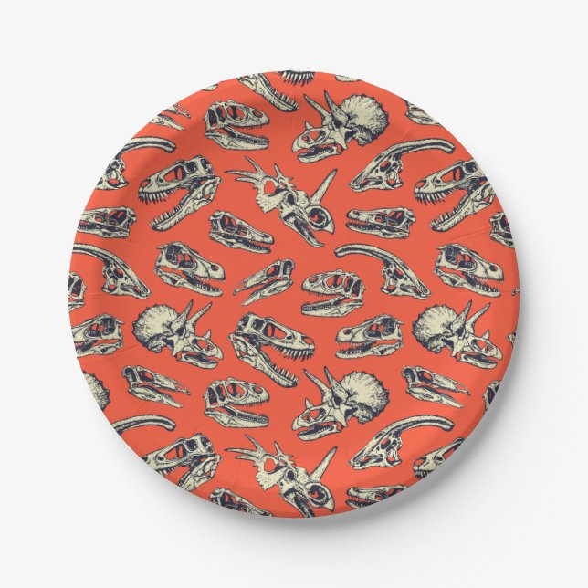 Orange & Navy Dinosaur Skulls Paper Plates (Front)