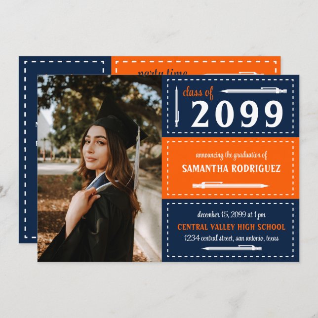Orange & Navy Dotted Boxes and Pencils Graduation Invitation (Front/Back)