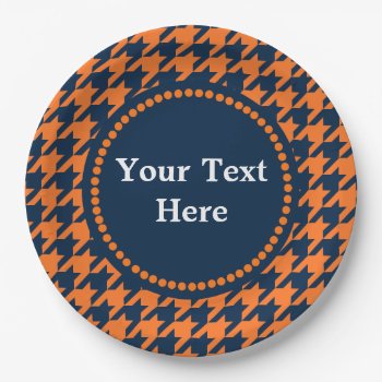 Orange/navy Houndstooth Paper Plates by PandaCatGallery at Zazzle