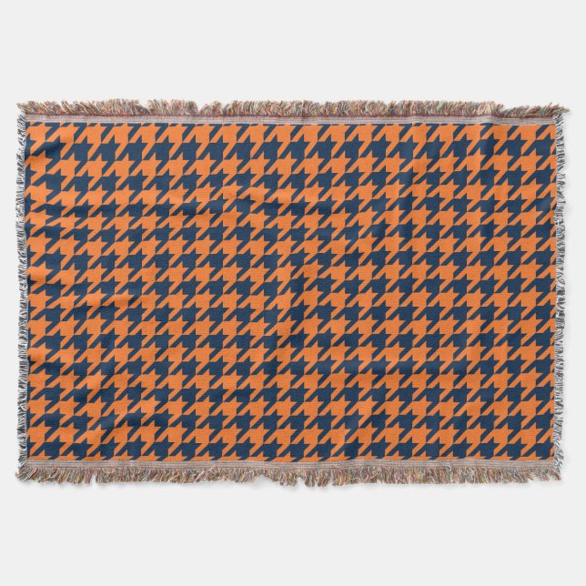 Orange/Navy Houndstooth Throw Blanket (Front)