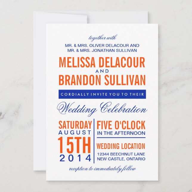 Orange & Navy Modern Typography Wedding Invitation (Front)