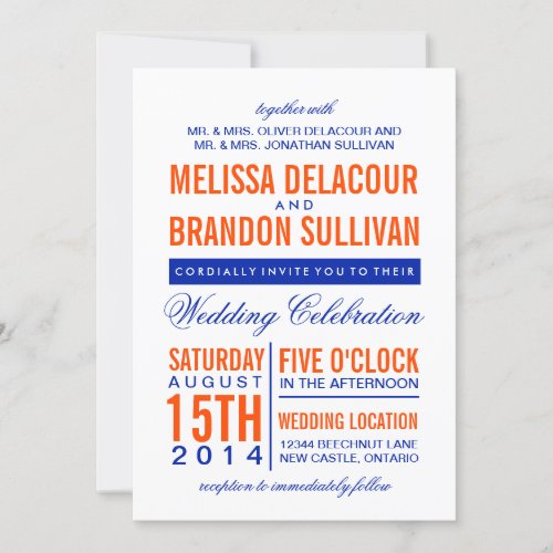 Orange &amp; Navy Modern Typography Wedding Invitation 5" X 7" Invitation C...