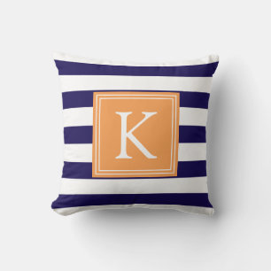 Orange & Navy Monogram Striped Throw Pillow