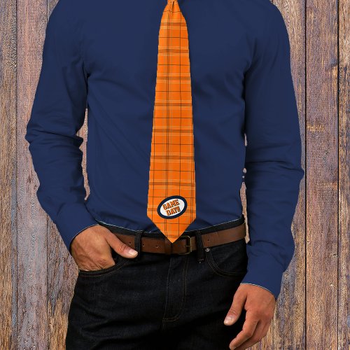 Orange  Navy Plaid Pattern Game Day Neck Tie