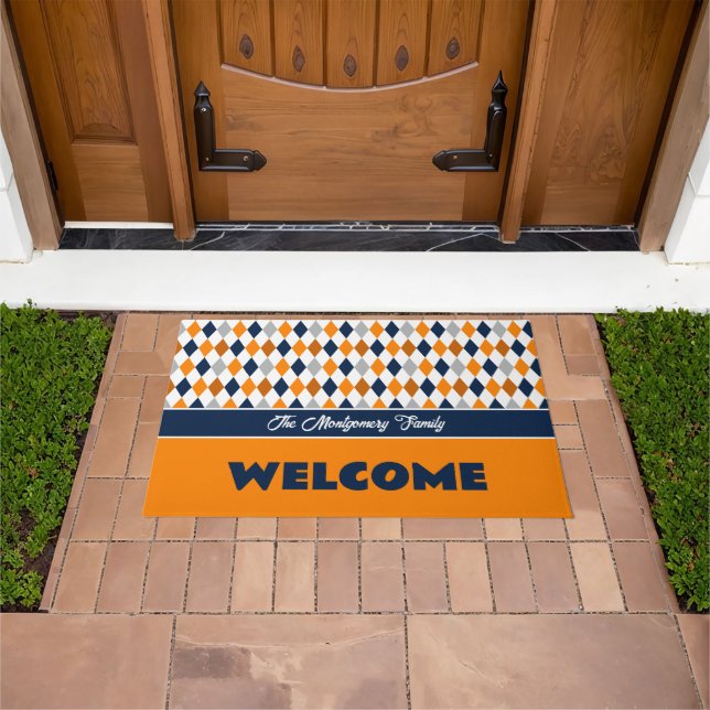 Orange & Navy School Colors Argyle Pattern Doormat (Outdoor)