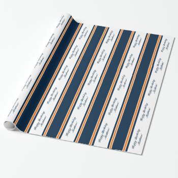 Orange/navy Stripe Personalized Wrapping Paper by PandaCatGallery at Zazzle