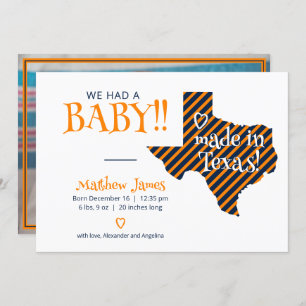 Orange/Navy Striped Made in Texas Photo Baby Announcement