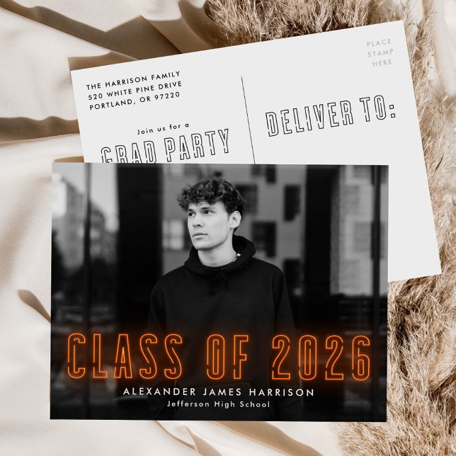 Orange Neon Class of 2026 Photo Graduation Party Invitation Postcard (Creator Uploaded)