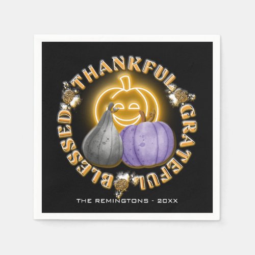 Orange Neon Pumpkin Thankful Grateful Blessed Napkins