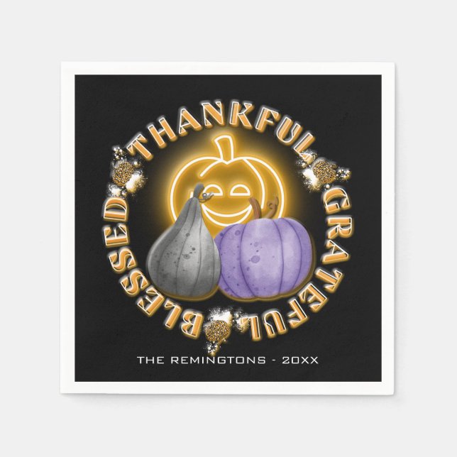 Orange Neon Pumpkin Thankful Grateful Blessed Napkins (Front)
