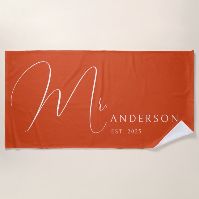 Orange Newlyweds Mr Name Personalized Honeymoon Beach Towel (Front)