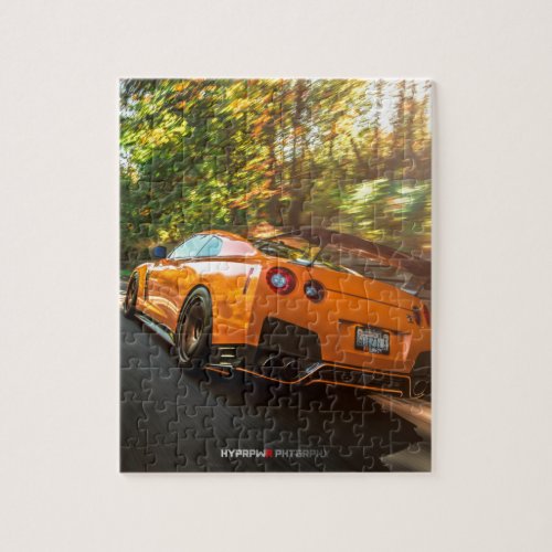Orange Nissan GT_R Ripping through Seattle streets Jigsaw Puzzle
