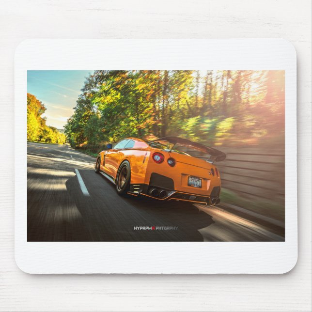 Orange Nissan GT-R Ripping through Seattle streets Mouse Pad (Front)