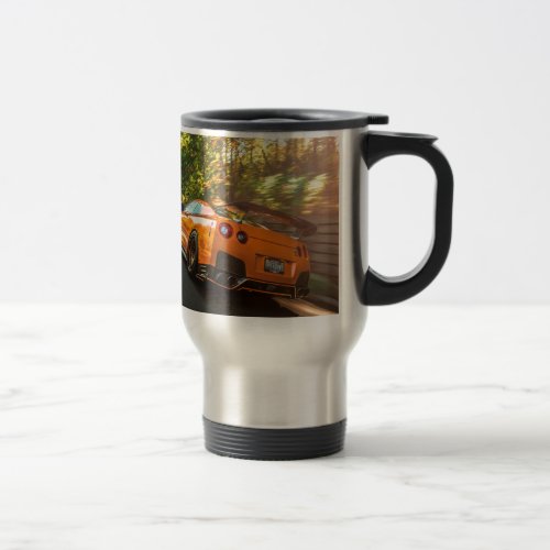 Orange Nissan GT_R Ripping through Seattle streets Travel Mug