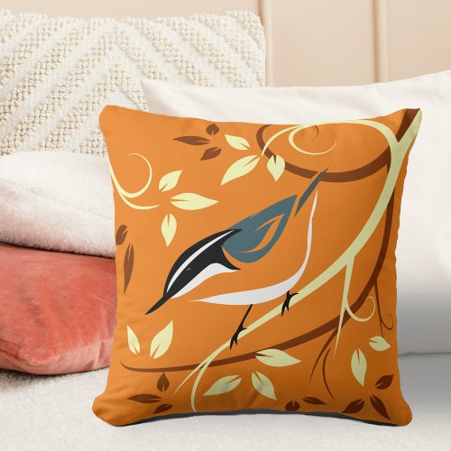 Orange Nuthatch Bird Art Throw Pillow