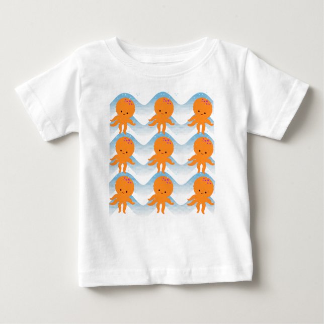 Orange Octopus And Blue Waves Pattern Baby T-Shirt (Front)