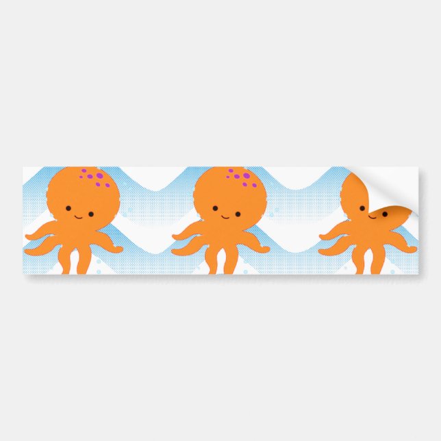 Orange Octopus And Blue Waves Pattern Bumper Sticker (Front)