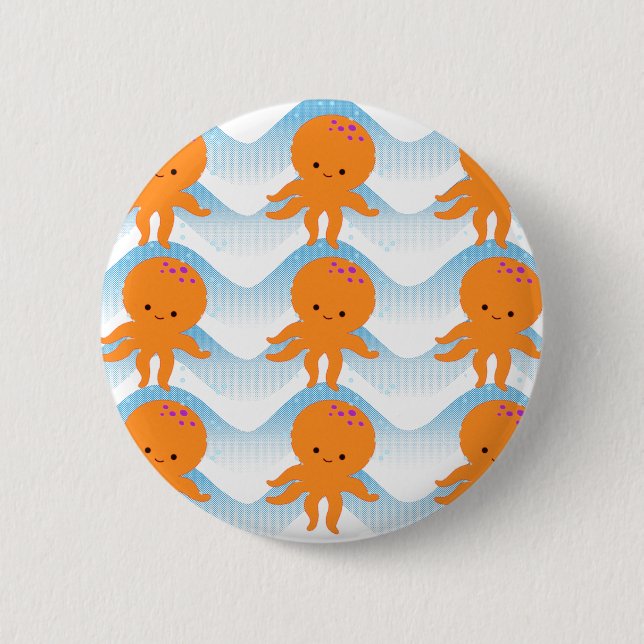 Orange Octopus And Blue Waves Pattern Button (Front)