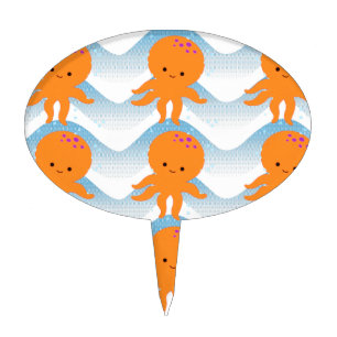 Orange Octopus And Blue Waves Pattern Cake Topper