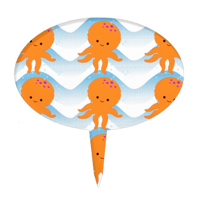 Orange Octopus And Blue Waves Pattern Cake Topper (Front)