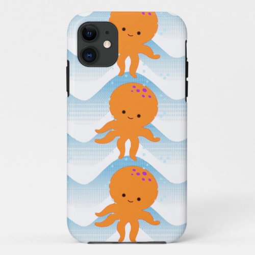 Orange Octopus And Blue Waves Pattern iPhone 11 Case