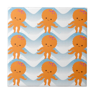 Orange Octopus And Blue Waves Pattern Ceramic Tile