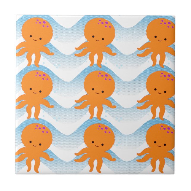 Orange Octopus And Blue Waves Pattern Ceramic Tile (Front)