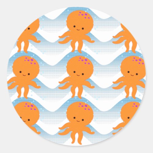 Orange Octopus And Blue Waves Pattern Classic Round Sticker