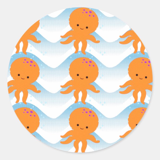 Orange Octopus And Blue Waves Pattern Classic Round Sticker (Front)