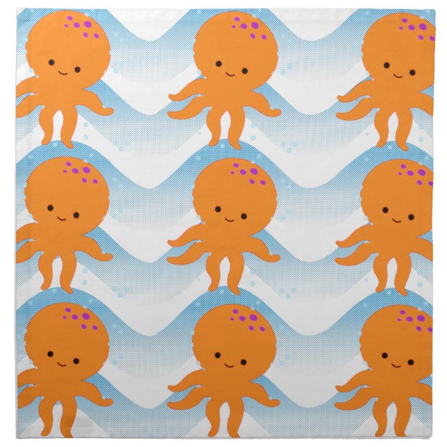 Orange Octopus And Blue Waves Pattern Cloth Napkin (Front)