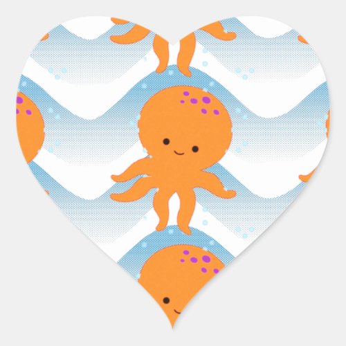 Orange Octopus And Blue Waves Pattern Heart Sticker