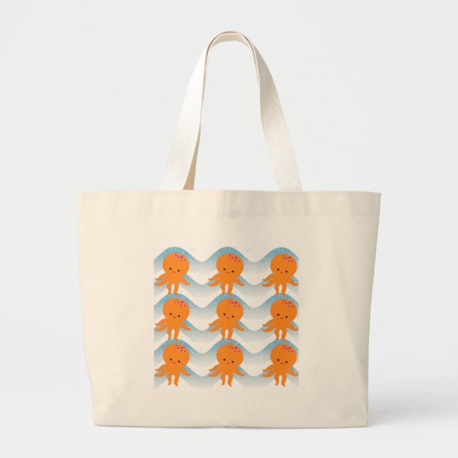 Orange Octopus And Blue Waves Pattern Large Tote Bag (Front)