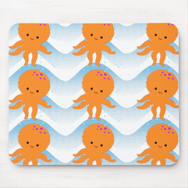 Orange Octopus And Blue Waves Pattern Mouse Pad (Front)
