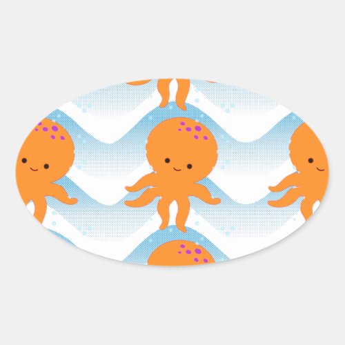 Orange Octopus And Blue Waves Pattern Oval Sticker