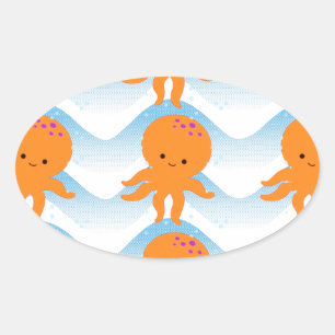 Orange Octopus And Blue Waves Pattern Oval Sticker