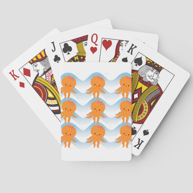 Orange Octopus And Blue Waves Pattern Poker Cards (Back)