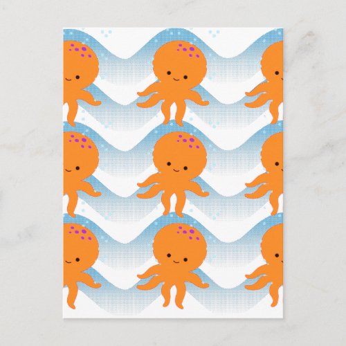 Orange Octopus And Blue Waves Pattern Postcard