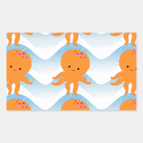 Orange Octopus And Blue Waves Pattern Rectangular Sticker